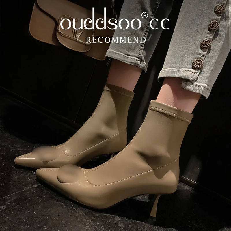 Ods Luxury Sexy Brand Autumn Winter Heel Boots Women Pointed Toe Metal Buckle Decor Elastic Stretch Short Booties Ankle Boots 42