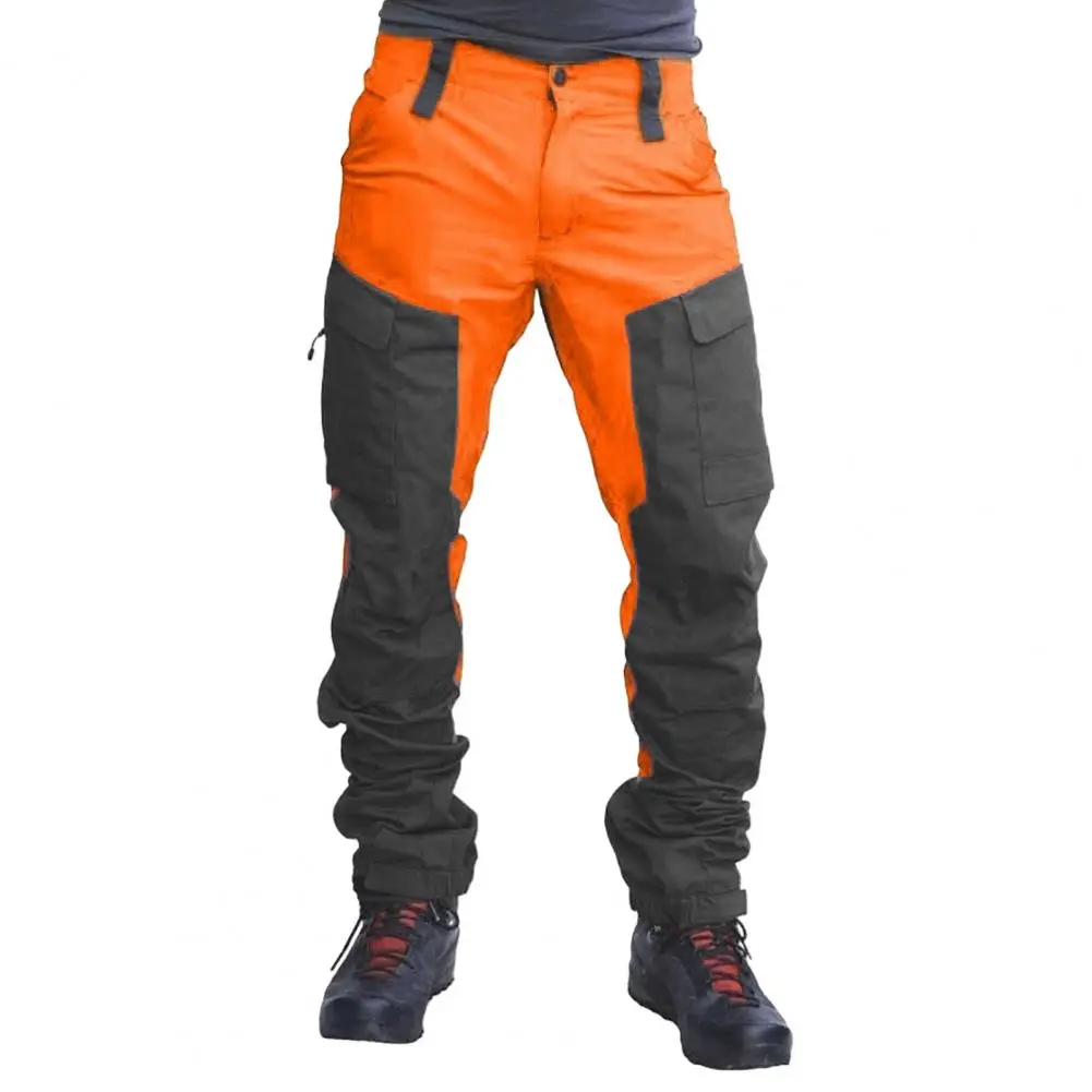 Men Outdoor Cargo Pants Multi Pockets Colorblock Work Trousers Wear-resistant Button Zipper Closure Travel Camping Pants