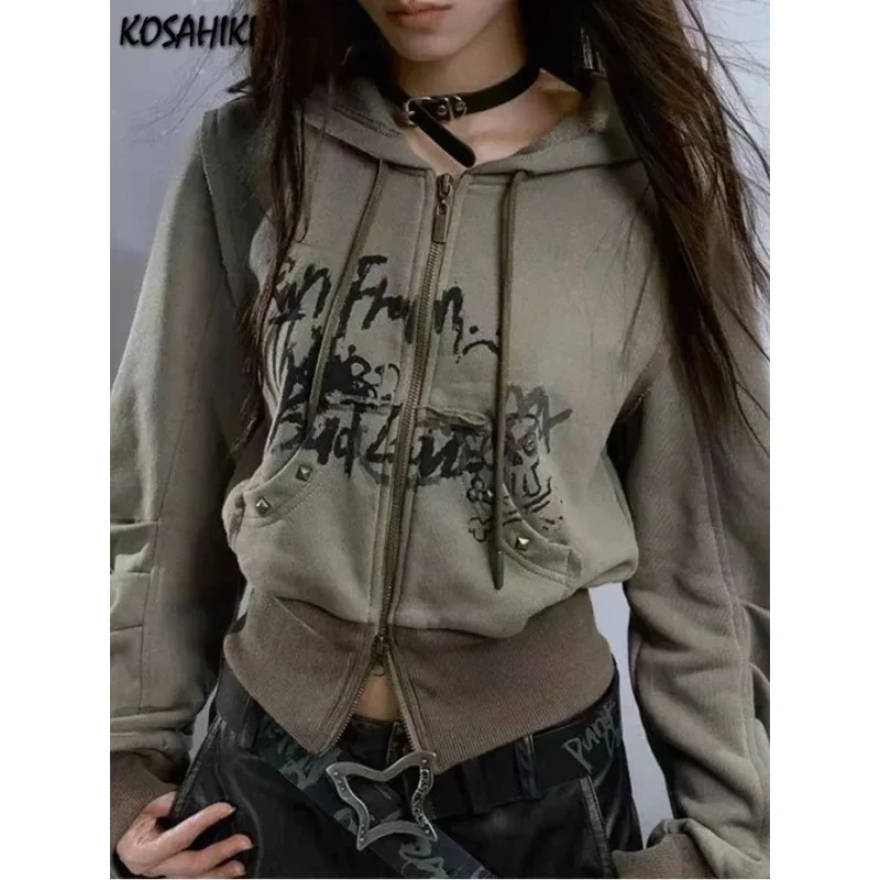 Harajuku zipper hoodies loose GRUNGE crop casual fashion all match streetwear women Y2K aesthetic 2024 vintage print sweatshirt