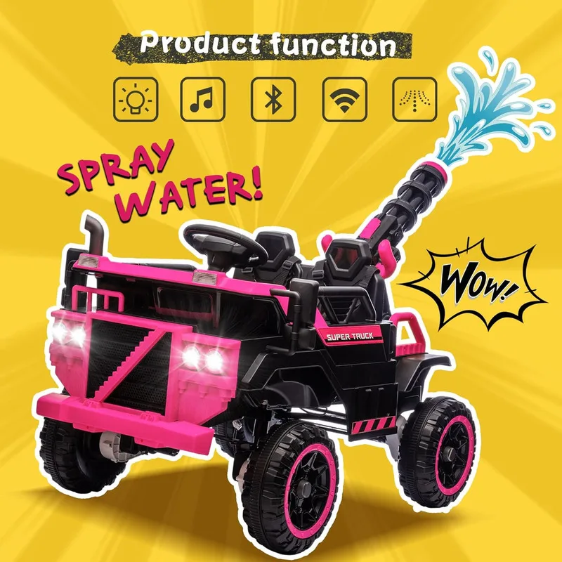 Un bel camion pour enfants 3 places avec un pistolet à eau intégré, un support électrique et un jouet de tour pour bébé rose réglable à 3 vitesses