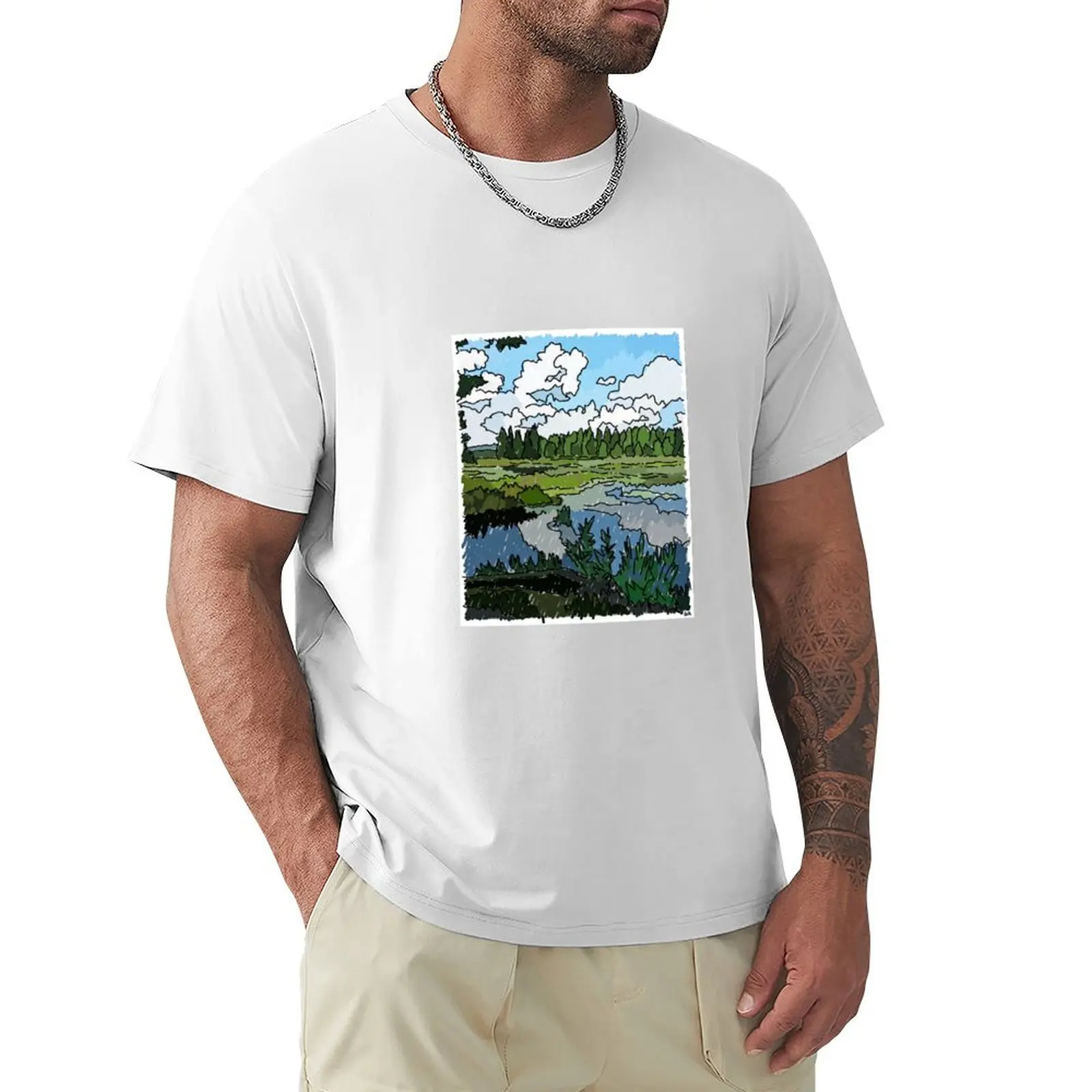 

Pond Sky and Marsh at Paul Smiths' No 1 T-Shirt Short sleeve tee aesthetic clothes plus size tops hippie clothes clothes for men