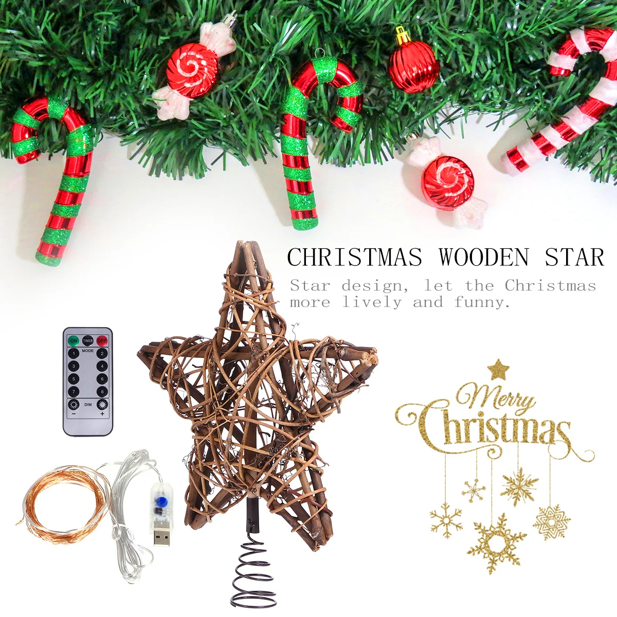 

Christmas Five-Pointed Star Ornament LED Wooden Rattan Decor Eco-Friendly Christmas Tree Decoration for Home Office