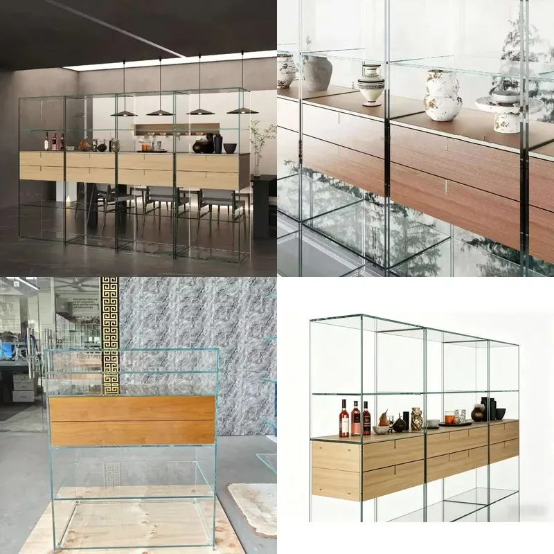 Modern Italian glass living room storage display cabinet, suitable for home furniture on the side of villa walls