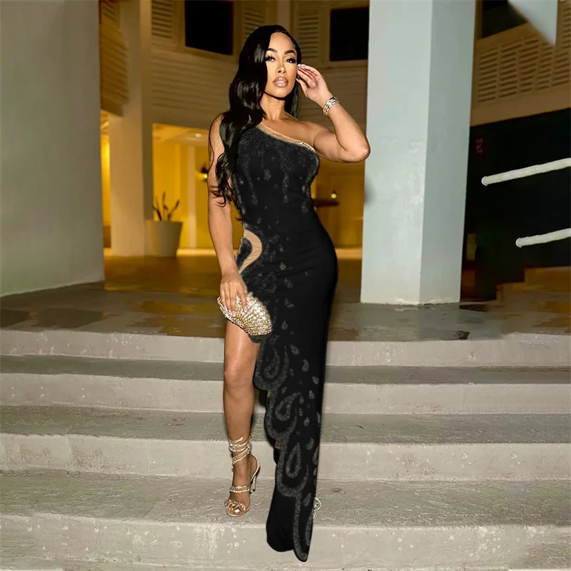 2024 Women One Shoulder Sleeveless Irregular Long Sexy Party Dresses Night Club Rhinestone Mesh Patchwork Evening Dress Vestidos