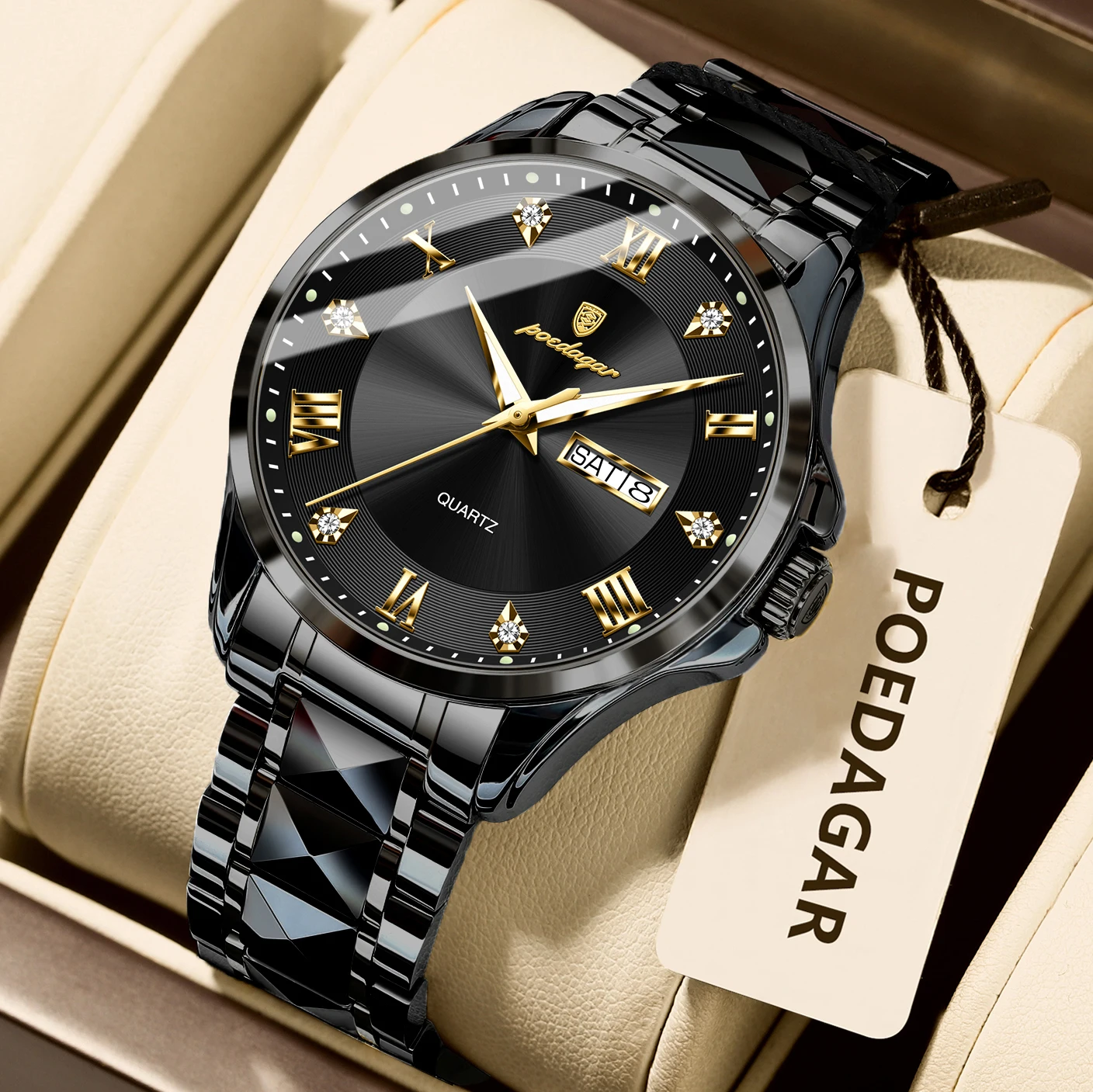 POEDAGAR Original Luxury Man Watch Waterproof Luminous Date Week Fashion Men Clock Stainless Steel Quartz Business Men's Watches