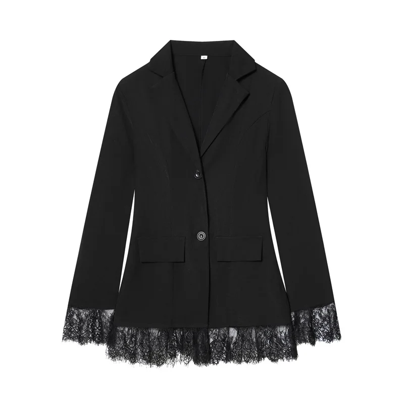 Blazer ajustado negro de nueva moda para mujer, chaqueta de Color sólido con detalles de encaje, Top de manga larga para ir al trabajo