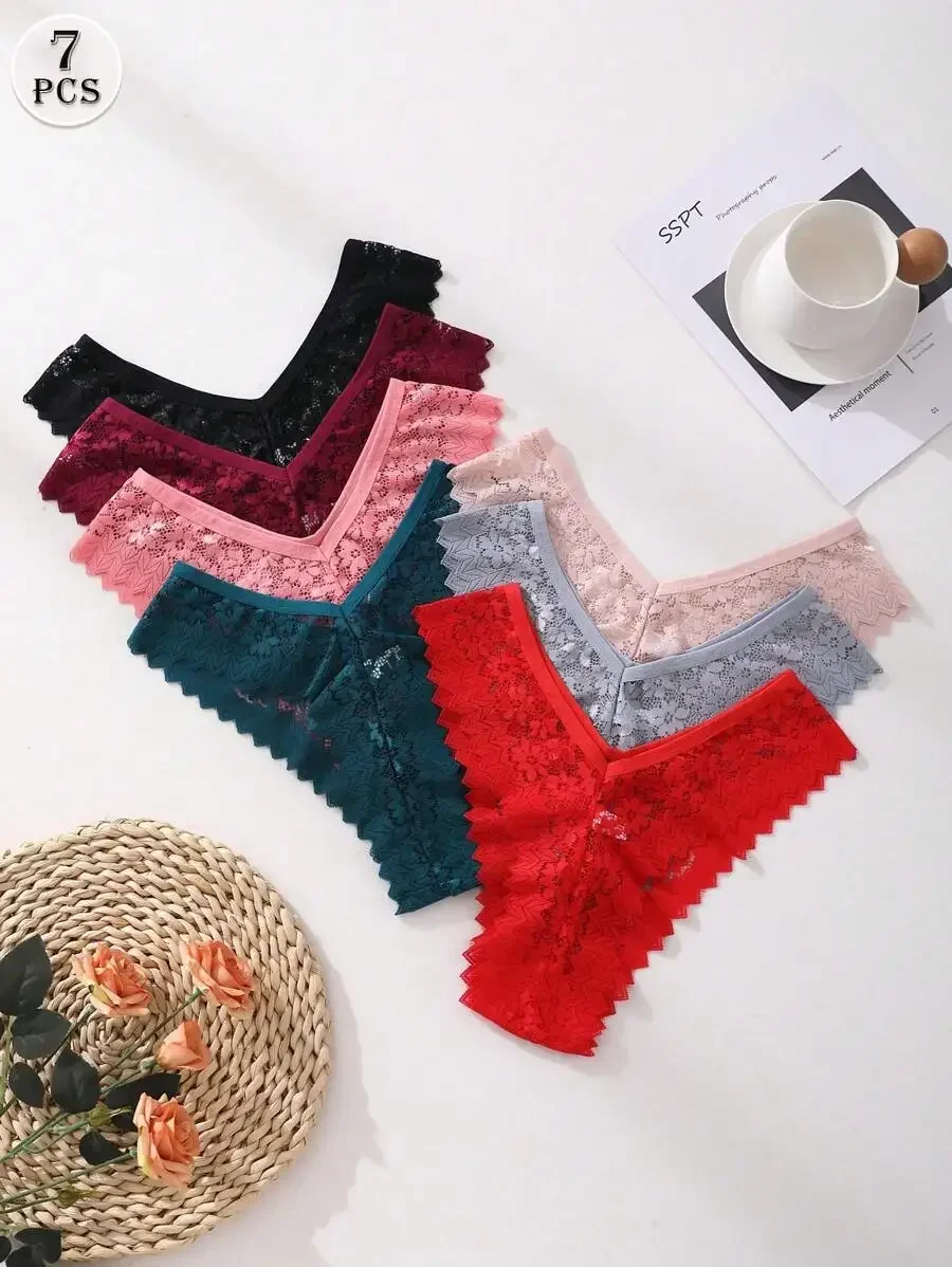 

7 Pieces Women’s Lace V-Waist Bikini Briefs Seamless Hollow-Out Design Underwear Set