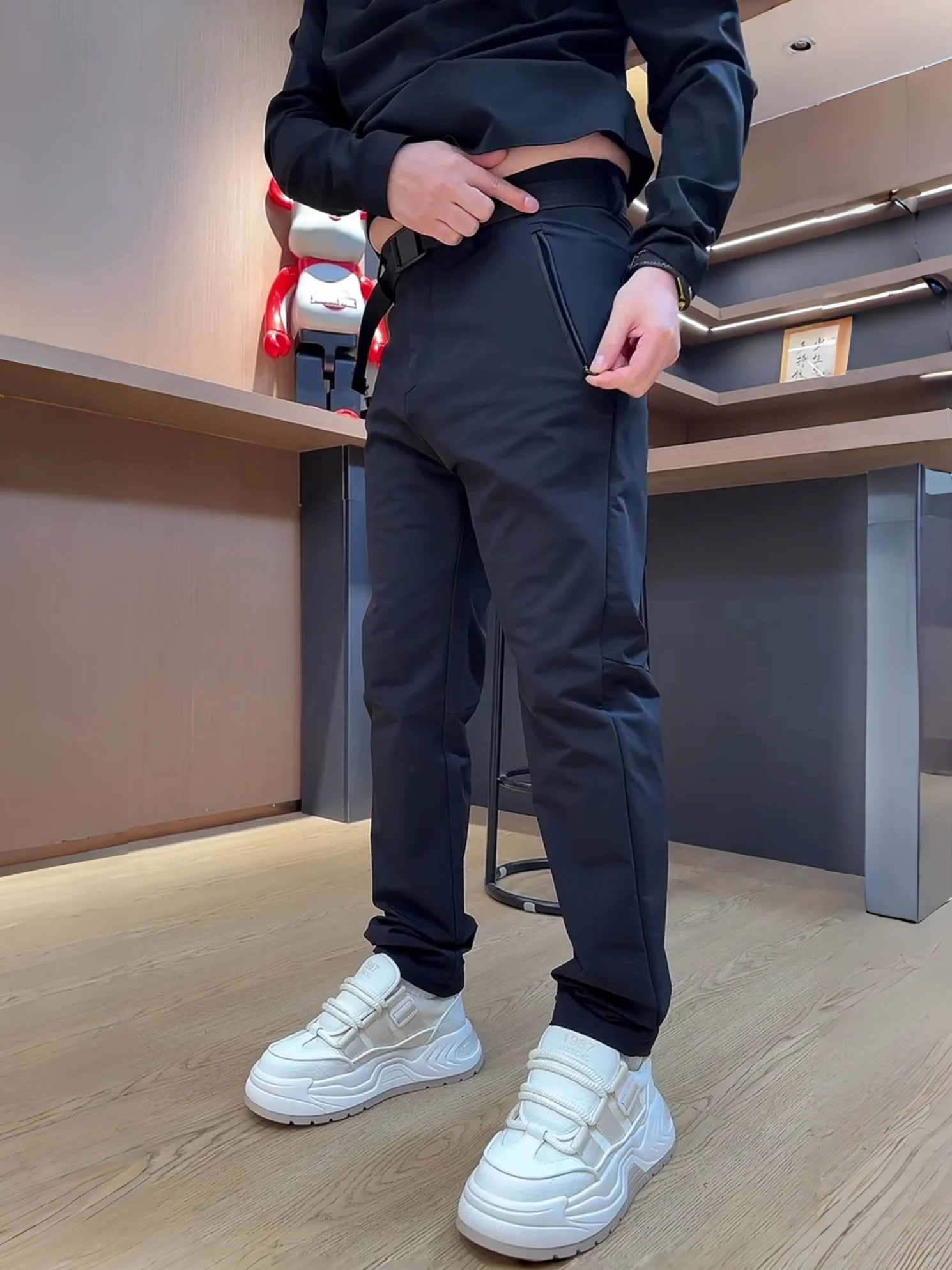 

Men's Casual Windproof Straight Leg Pants Elastic Waist Bule Design Slimming Long Trousers Outdoor Spring Faion Sle