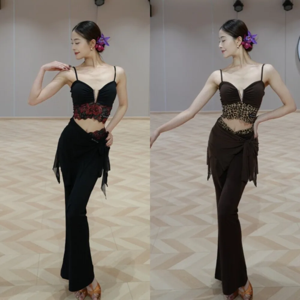 Customized Latin Dance Clothing Adult Women Leopard Tops Chacha Rumba Samba Dance Pants Performance Costume Latin Practice Wear