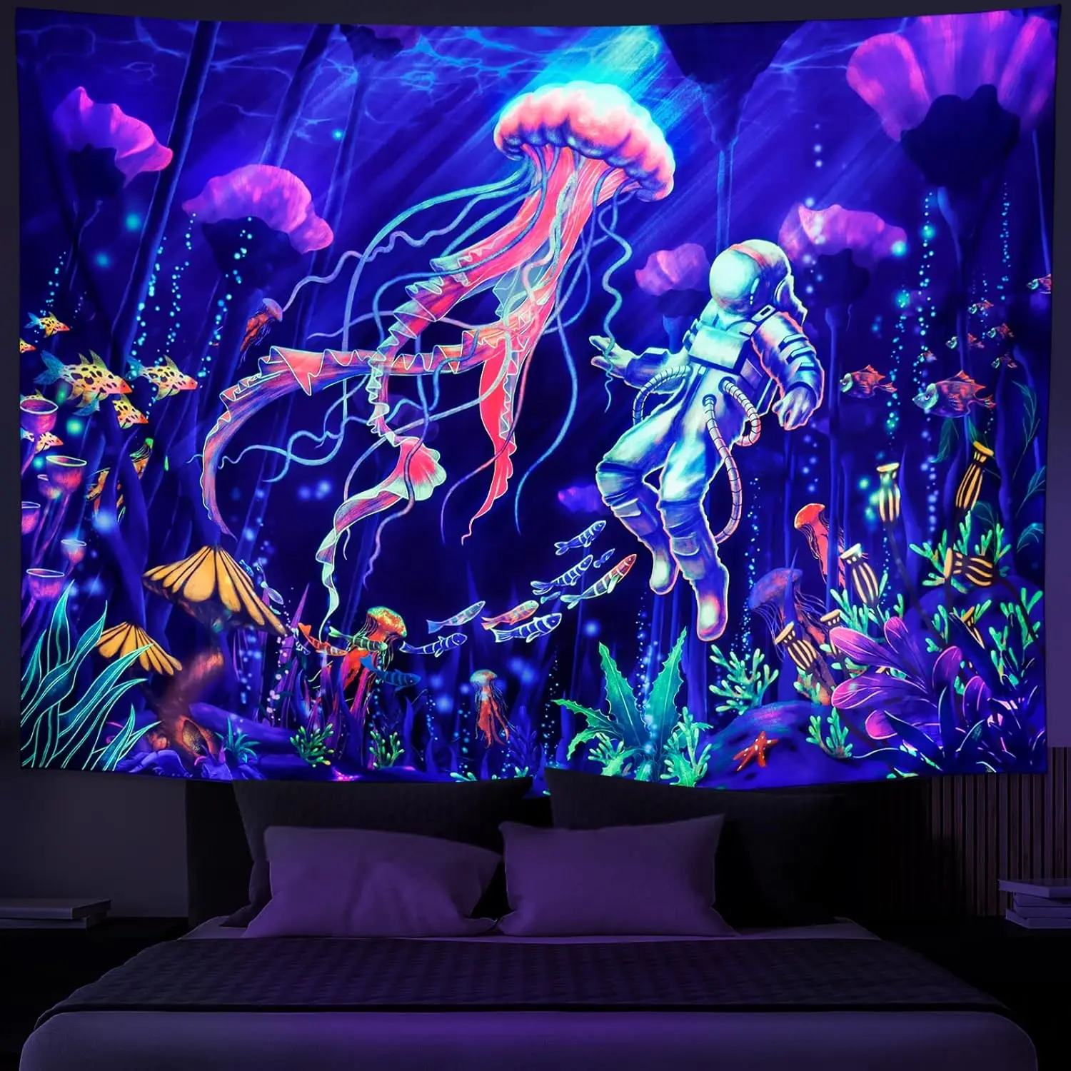 

Black Light Astronaut Tapestry UV Active Underwater World Jellyfish Marine Life Tapestry Wall Hanging Home Decoration