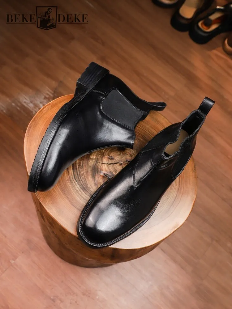 Mens British Style Horsehide Genuine Leather Chelsea Boots Round Toe Slip On Platform Business Casual Ankle Boots High Top Shoes