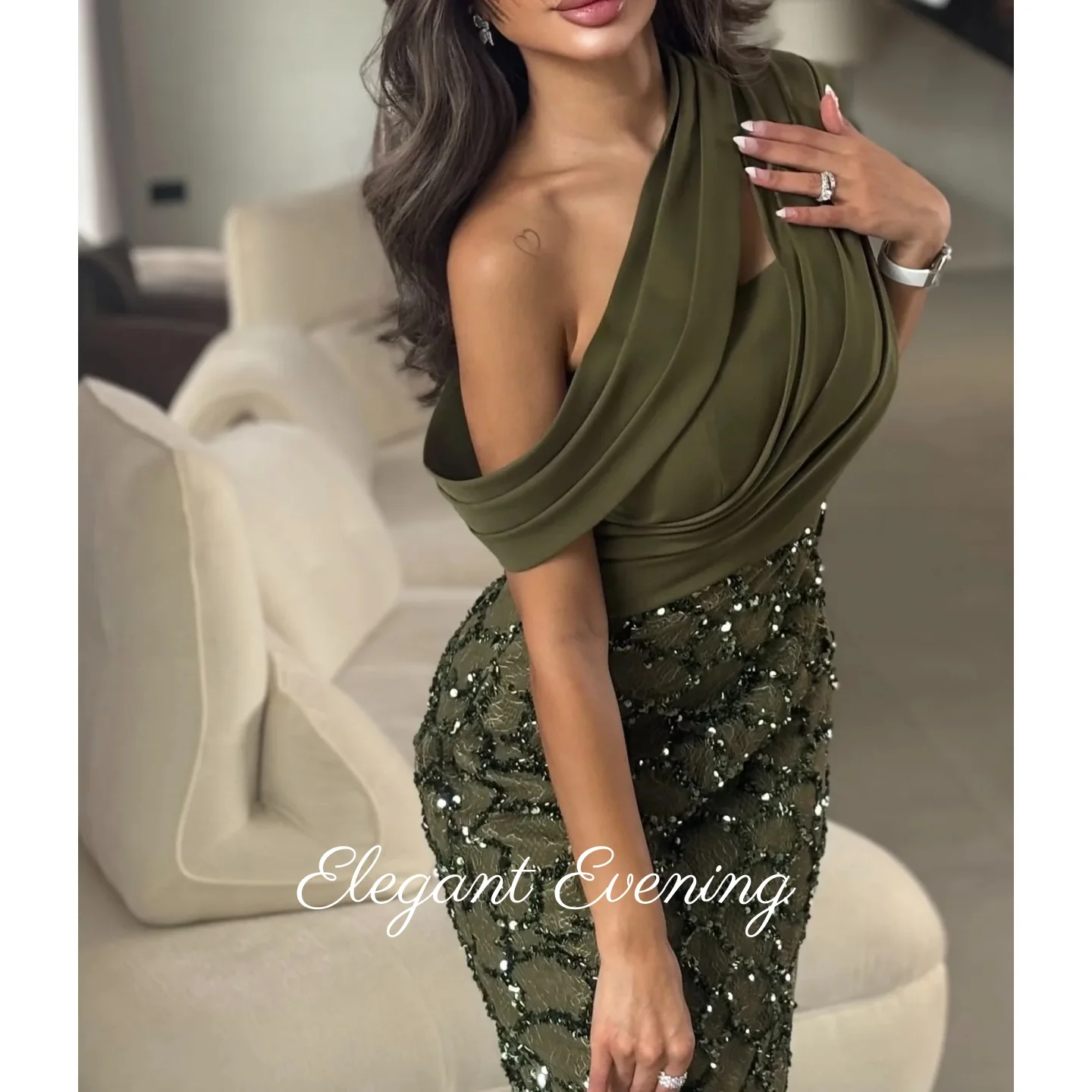 

Зеленые платья для выпускного вечера с открытыми плечами и блестками, бисером, элегантные вечерние платья, халаты с бусинами, вечерние платья для свадебной вечеринки, Саудовская Аравия