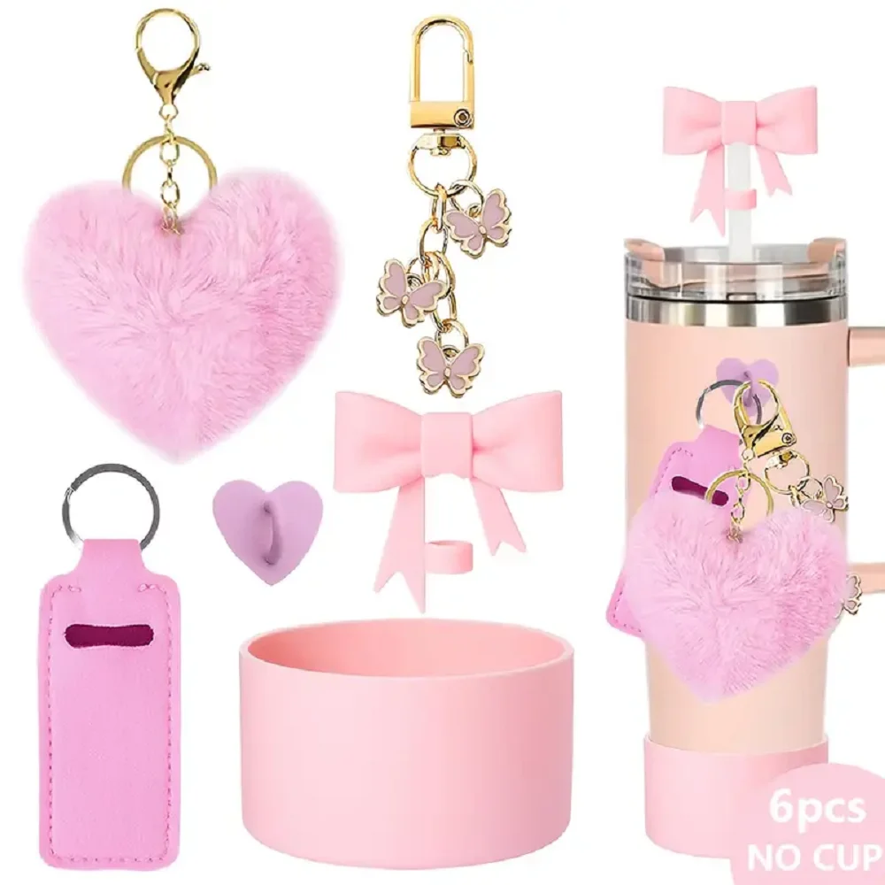 مجموعة إكسسوارات الأكواب مكونة من 6 قطع لكوب ستانلي بما في ذلك غطاء من القش مقاس 10 مم وحامل أحمر شفاه ساحر على شكل فراشة وحذاء من السيليكون