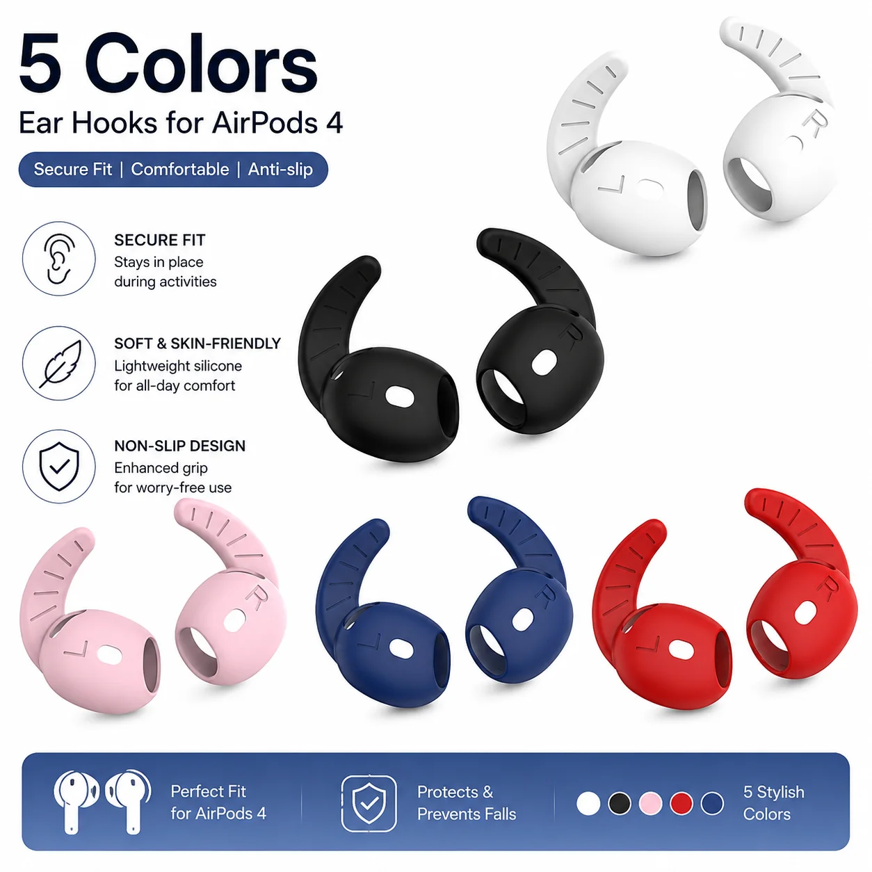 Portable 2024 New Anti Drop Ear Hooks Cover Set For AirPods 4 With Silicone Eartips Soft Comfortable Solid Color Accessories