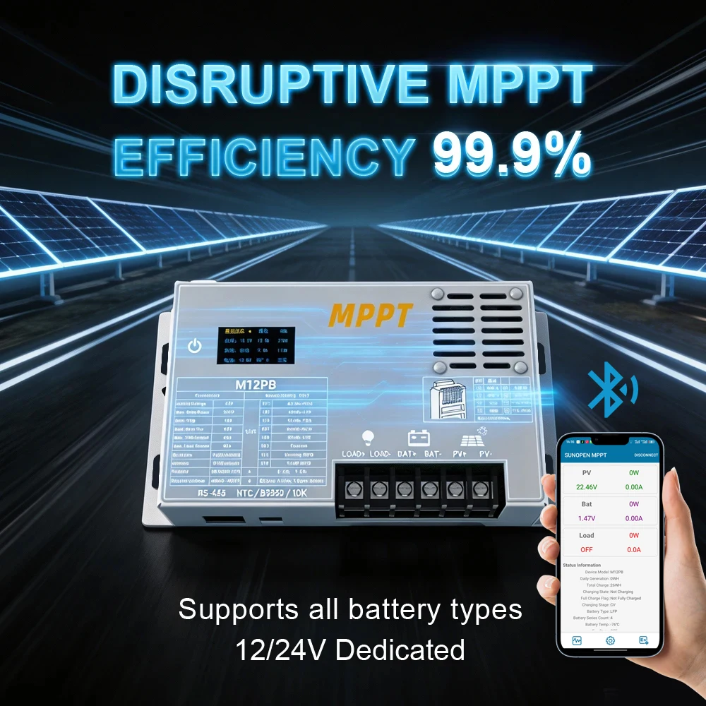 Premium MPPT Solar Charge Controller ≥99.9% Tracking Efficiency 12V/24V/20A Supports all batteries