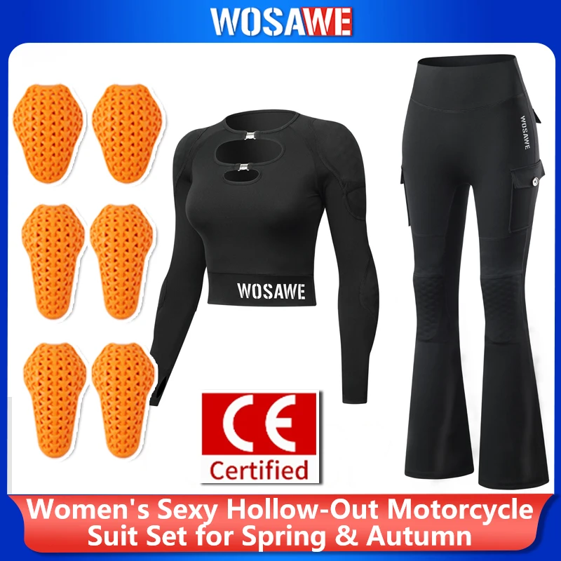 WOSAWE Motorcycle Riding Suit Women Hollow Long Sleeve Crop Top Pants Set Breathable Slim Fit External Detachable Pads Moto Gear