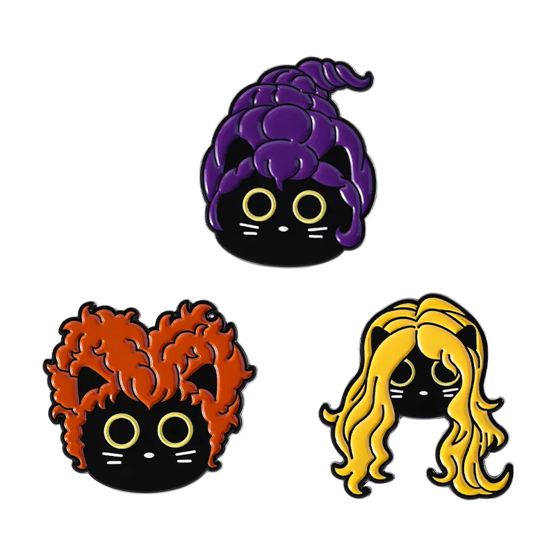 Creative Personality Funny Wearing Colored Hair Cover Black Cat Alloy Baked Paint Brooch Cartoon Badge Enamel Pin Badges Metal