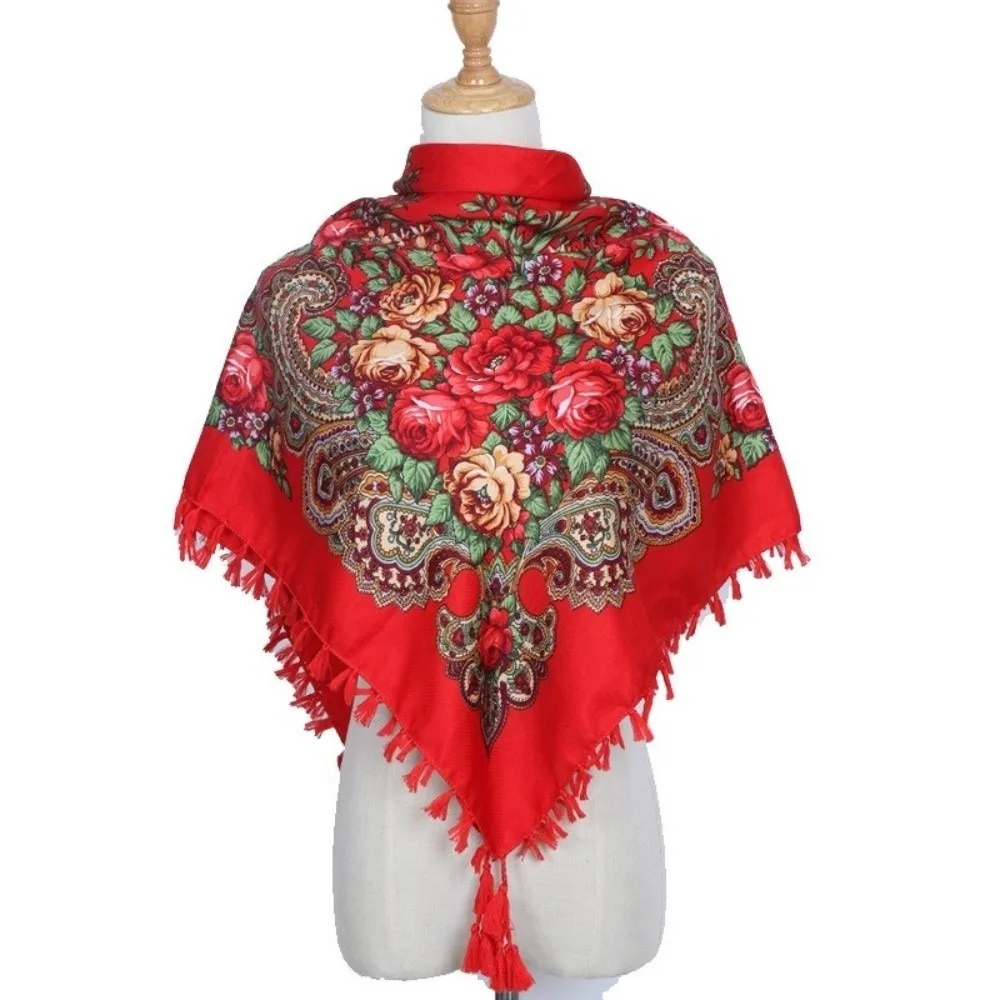 

Traditional 90*90cm Floral Print Square Scarf Russian Style Knot Tassel Head Wraps Embroidery Headwear Women