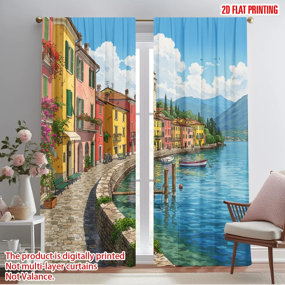 

2pcs 2D flat printing Curtain Beautiful Riva del Garda Italy Polyester Without Electricity 0 Use for Entryway Room Parties
