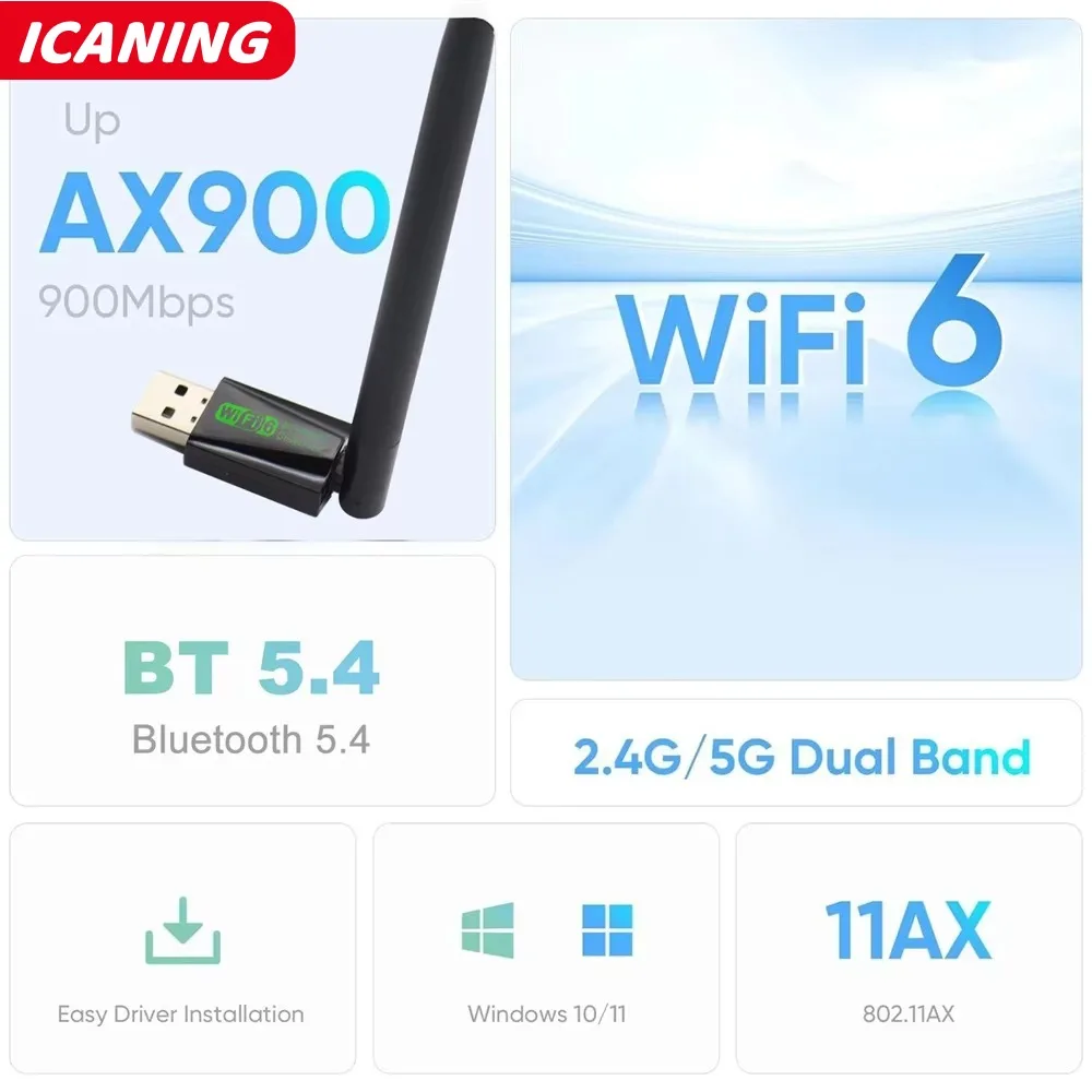 WiFi 6 USB Adapter 900Mbps Bluetooth 5.4 AX900 USB Dongle Wireless Network Card Dual Band 2.4G 5G Ethernet Receiver Free Driver