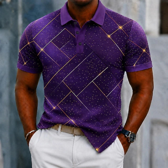 Men Short‑Sleeve Polo Shirt Luxury Golden Rhombus Sparkling Dot Print Stretch T Shirts Daily Party Evening Casual Summer Tops