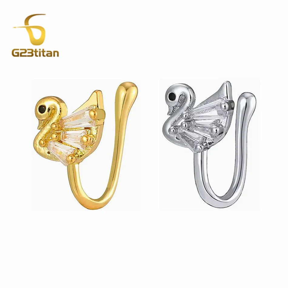 Anillo de nariz falso para mujer, oreja de cisne de cristal, brazalete para narina, Piercing falso, joyería para el cuerpo, circonitas de Color dorado y plateado, decoraciones con Clip de cobre