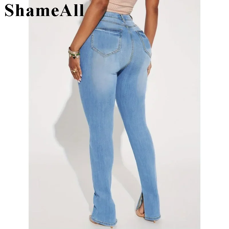 Plus Size High Rise Side Split Stretchy Skinny Jeans 5XL Women Sexy Slim Fit Diressed Light Blue Pencil Denim Pants