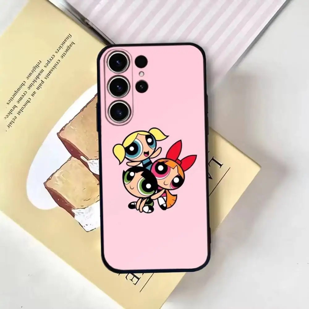 Capa de telefone para meninas Cartoon Star P-Powerpuff para SamsungS25,24,21,22,23,30, Ultra,20,Plus,Fe,Lite,Note,10,9, capa preta macia