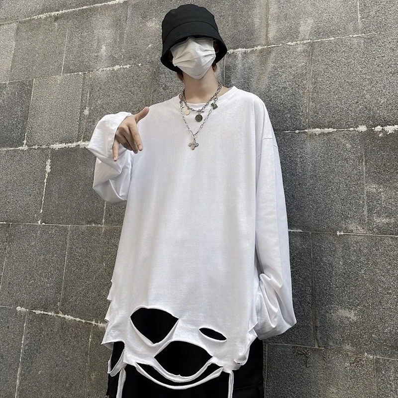 Cotton Hole Summer Thin Men T Shirt Oversized 2xl Long Sleeve O Neck Harajuku Japan Style Hip Pop Streetwear Unisex Clothes Top