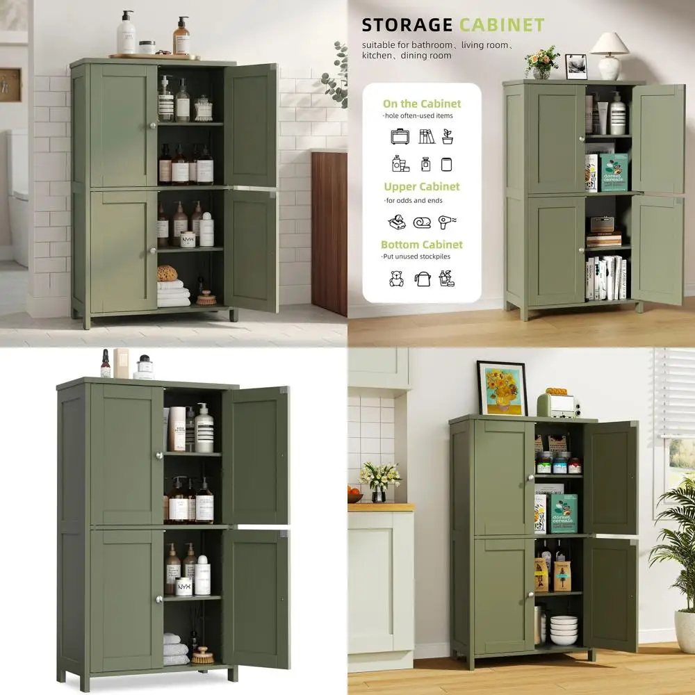 

Compact Green Freestanding Cabinet with 4 Doors and Adjustable Shelves for Bathroom, Kitchen, and Living Room Storage