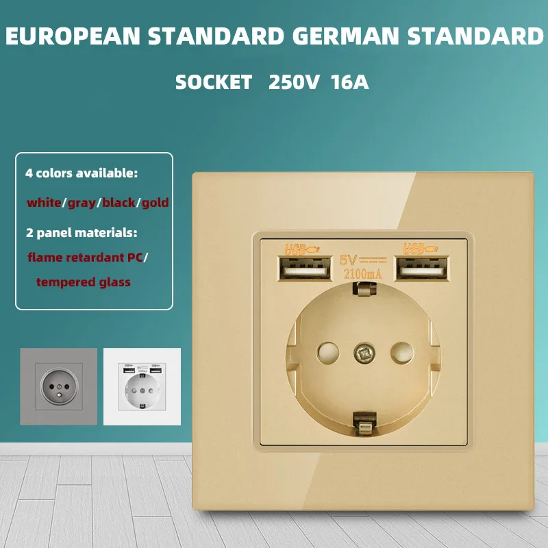 

White tempered glass wall type dual USB power socket 2.1A, electric socket with Usb, 16A 220V socket, German EU standard socket