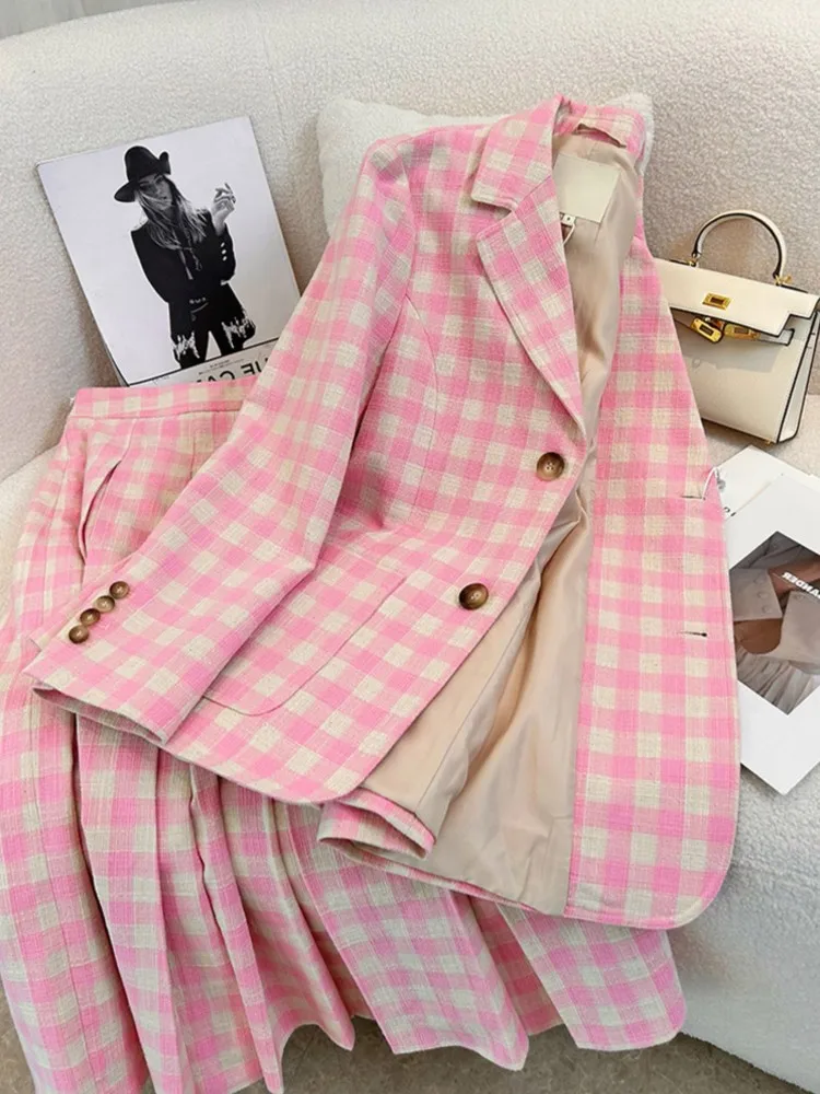 Hot Koop Vrouwen Nieuwe Stijl Zoete Roze Raster Blazers Jas Mode Enkele Breasted Twee Knoppen Lange Mouw Pak Kraag Elegante Jas