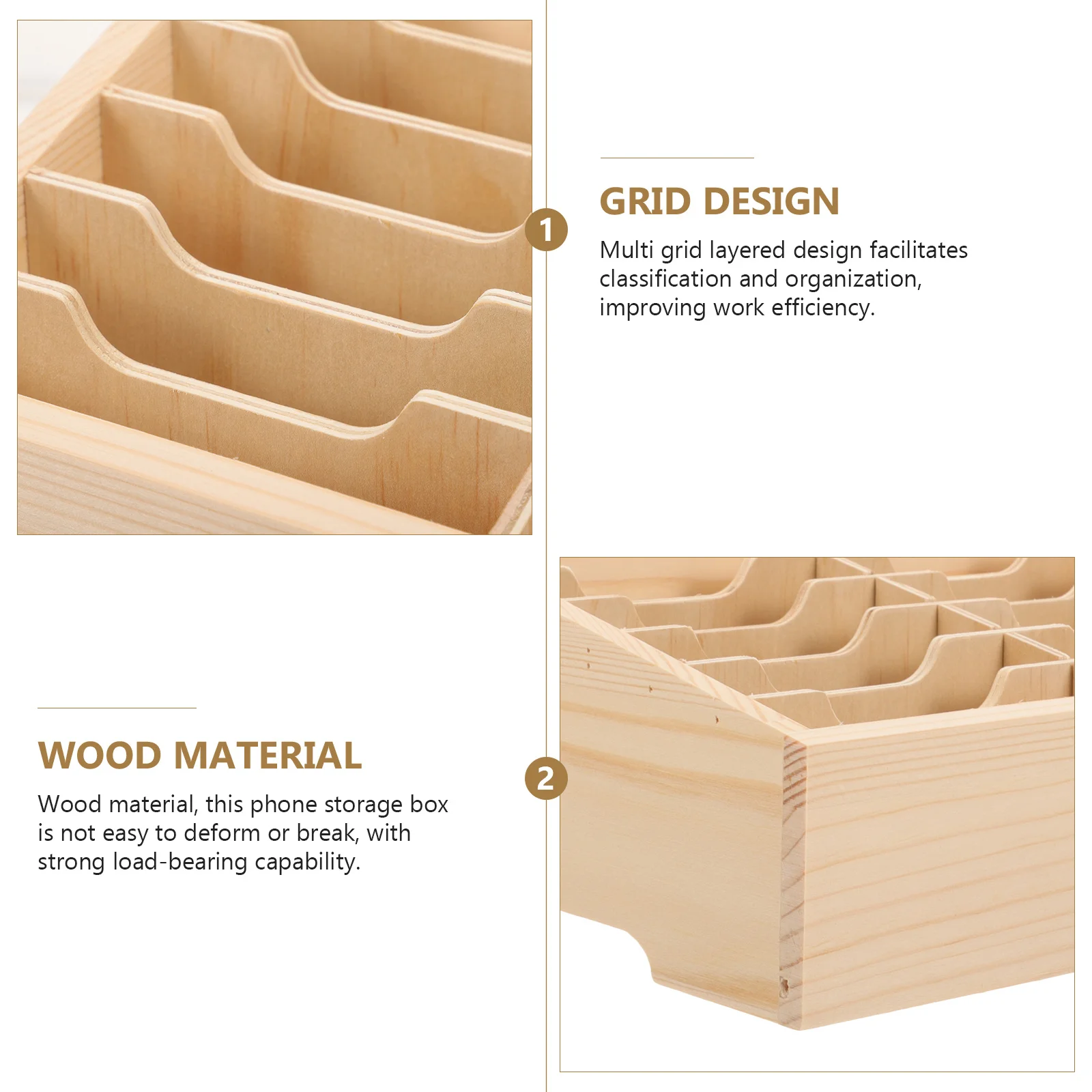 

Wooden Desktop Phone Storage Box Multi-Compartment Organizer for Mobile Phones Stationery Repair Shop Display Use