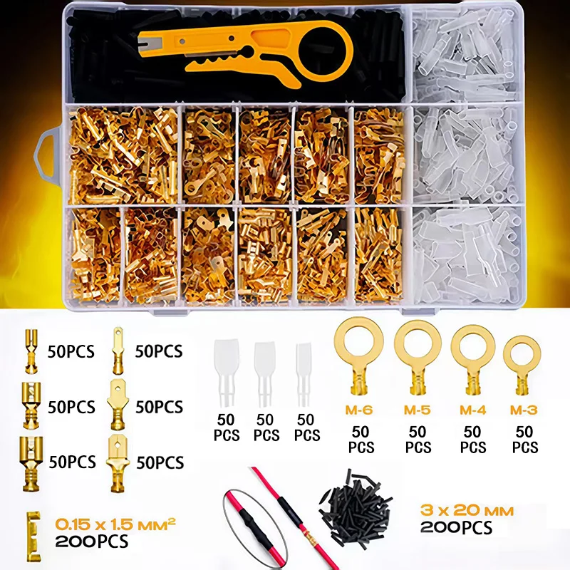 1050pcs Combination set Nude Terminal, Spring Insert, Golden Terminals With Sheath, 2.8/4.8/6.3 Bullet Terminals M6/M5/M4/M3 Rin