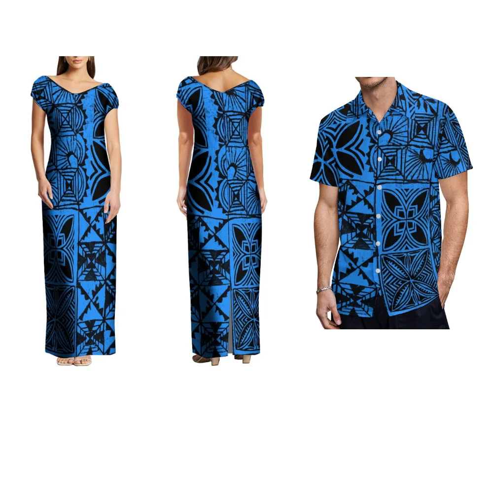 Tribal Peoples Wave Lynesian Print Custom Pattern Design Women'S Long Dress And Men'S Casual Shirt With Couples