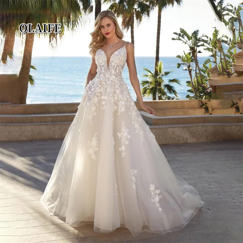 Robe de mariée en dentelle Boho A Line avec poche pour femme, robe de mariée à fleurs en fibre 3D, robe de mariée de plage