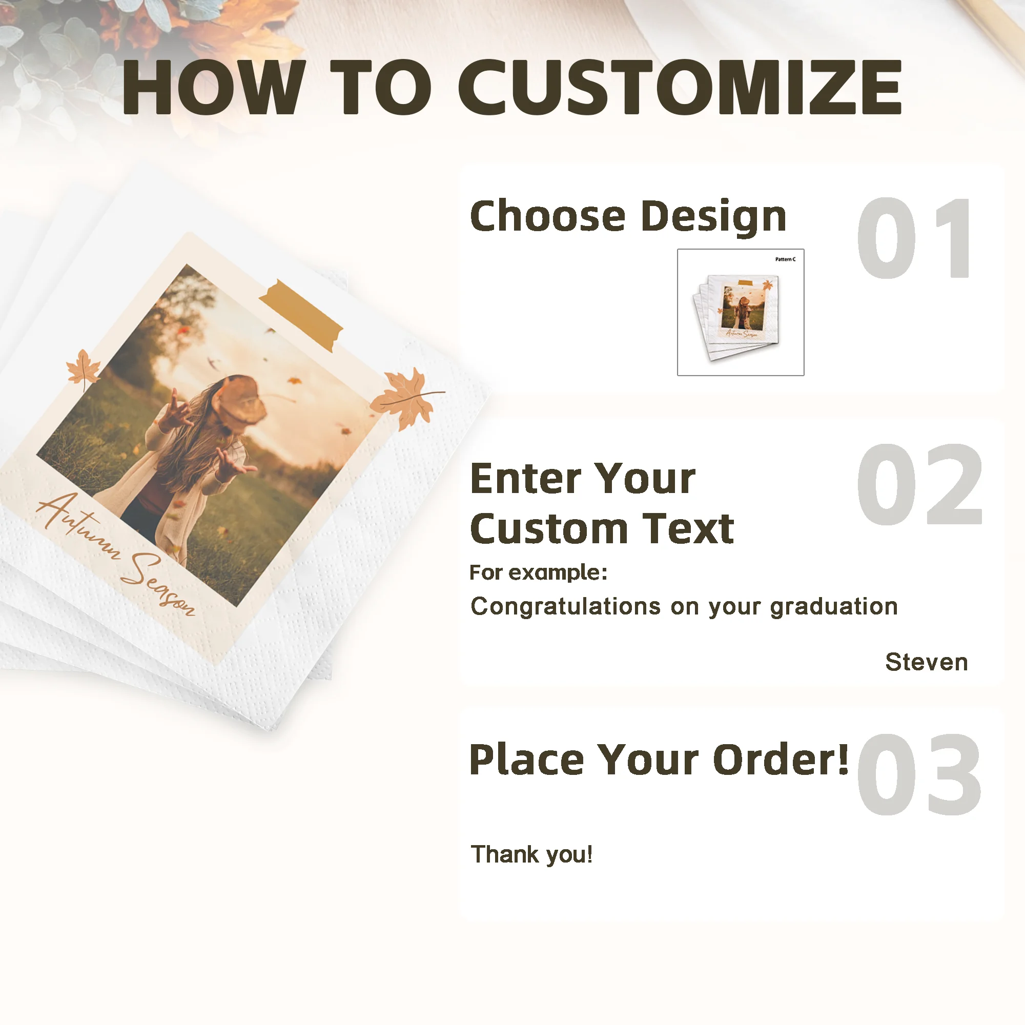 Personalized Paper Napkins for Autumn Custom Napkins of Your Photo Disposable Napkins for Welcome Autumn Party Baptism