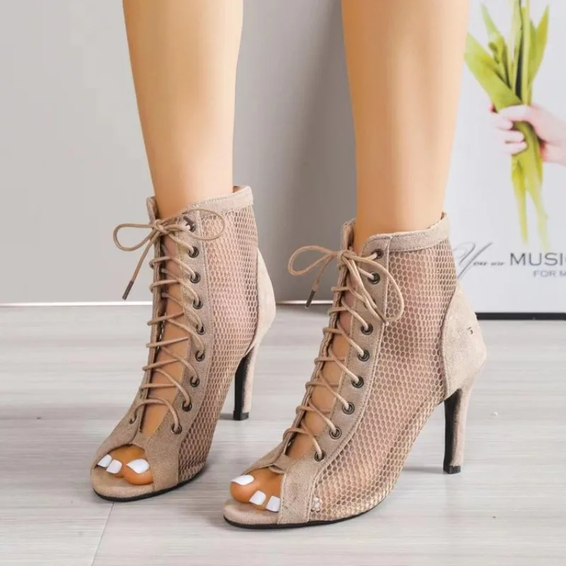 Summer New Women High Top Dance Shoes Ballroom Salsa Tango Sandals Girl Fashion Party Mesh Cutout High Sandalias