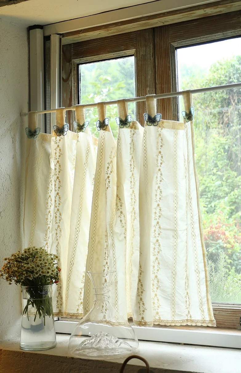 Pastoral Beige Short Door Curtains Embroidery Butterfly Cotton Window Drape for Cafe Kitchen Bedroom Door Rural Home Deco Fabric