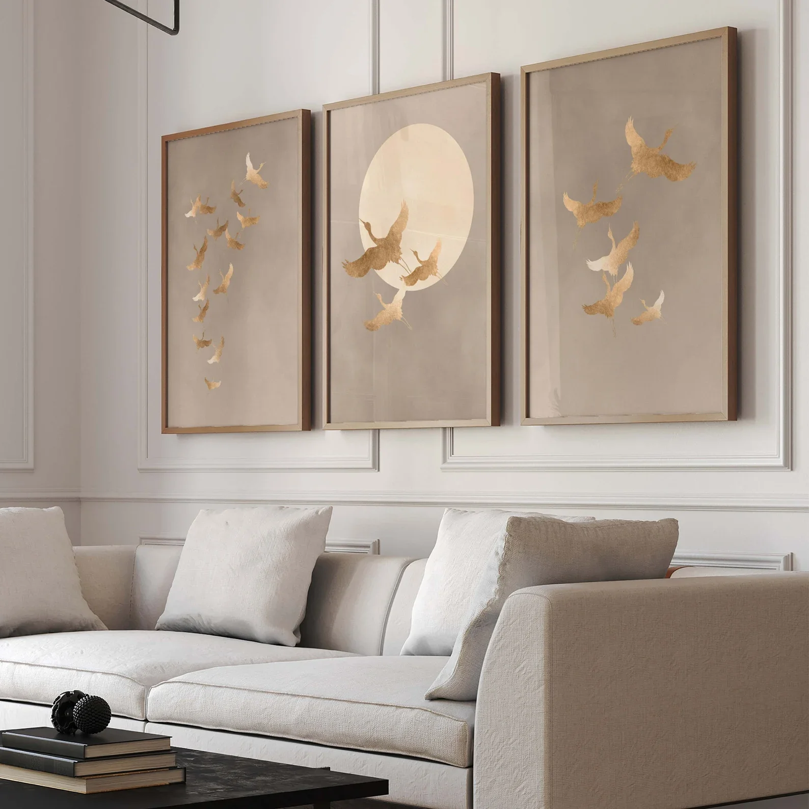 3PCS Gold Cranes Japanese Wall Art   Beige Neutral Poster  Japandi Birds Art  Living Room Decor  Canvas Paintings for Room Decor