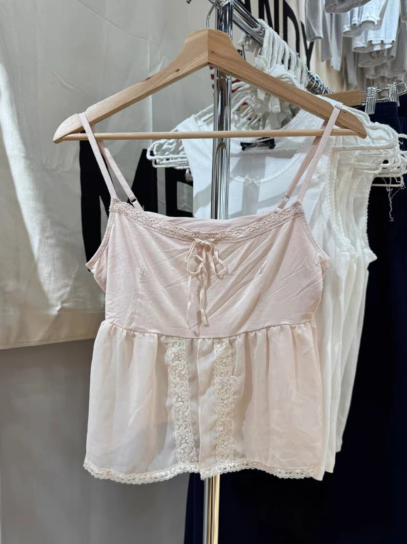 

New Lace Mesh Patchwork Crop Top Woman Summer Lace-up See Through Cropped Camisole Female Sweet Cute Preppy Style Thin Tank Tops