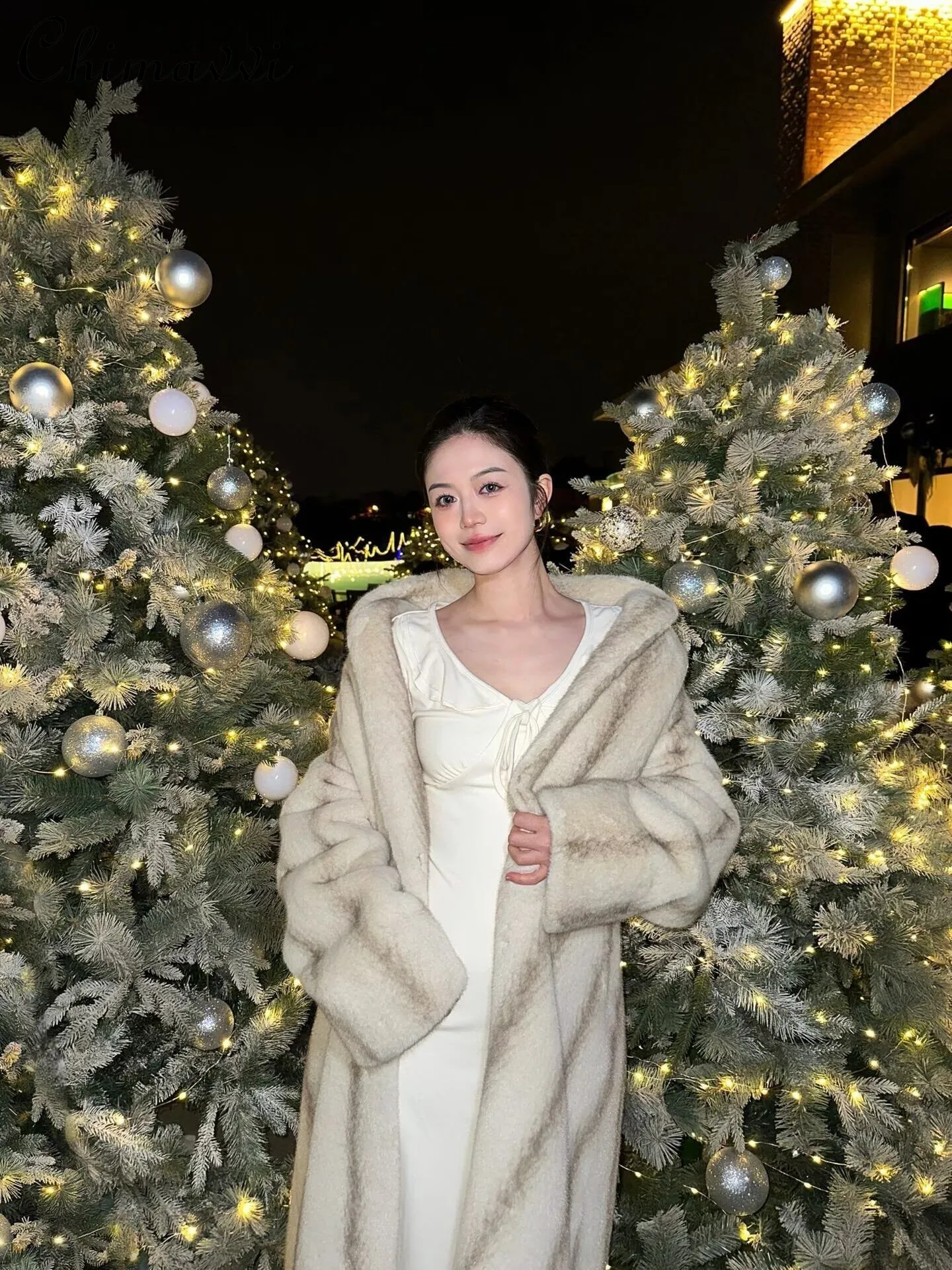 Zimowa Moda Zielone Owoce Kołnierz Ekologiczny Płaszcz z Futra Norki Długi Futrzany Zintegrowany Długi Rękaw Luźny Ciepły Elegancki Płaszcz Futrzany Damski