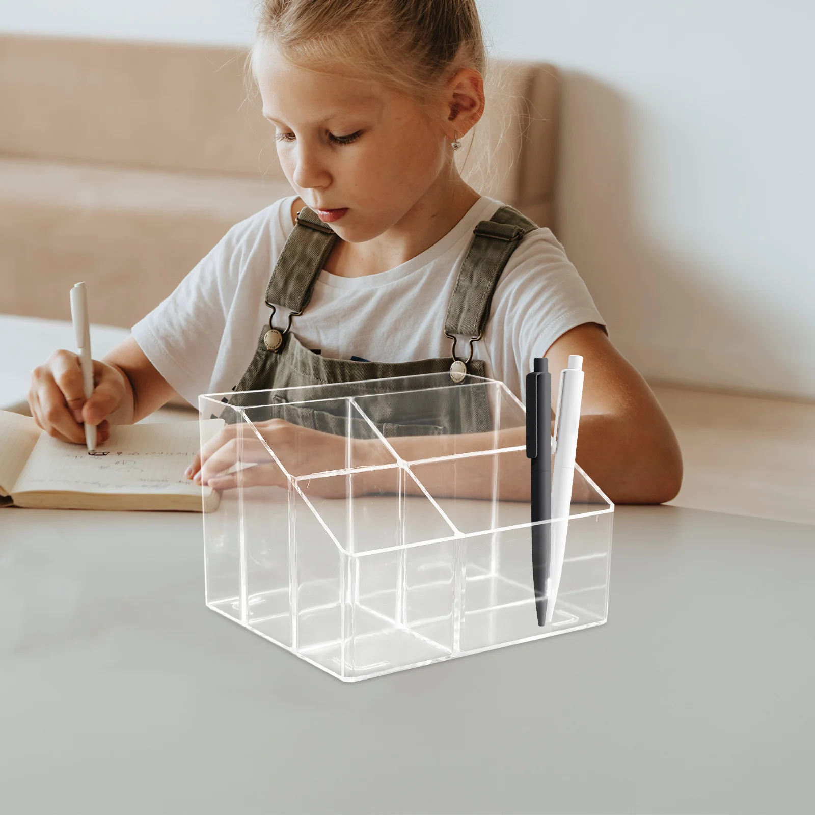

Acrylic Transparent Desktop Organizer Storage Box Multi-Compartment Compact Pen Pencil Brush Holder Office Storage