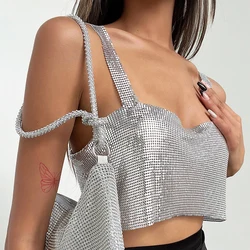 Błyszczące metaliczne cekinowe Crop Top na imprezę w stylu y2k jednolity, bez pleców ramiączka na ramiączkach krótki Top dla kobiet Rave Festival