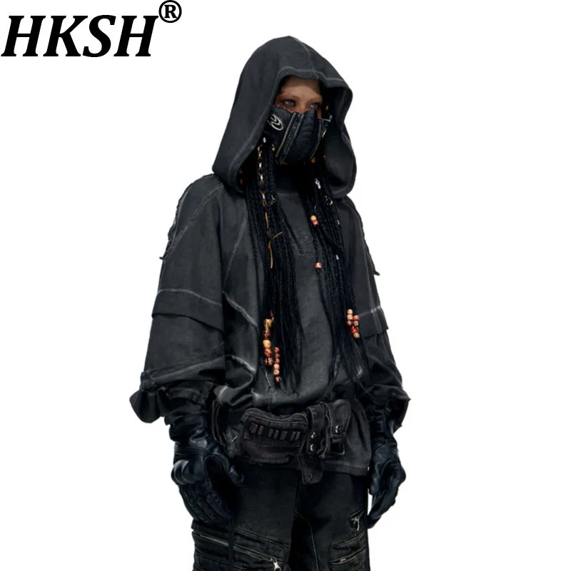 HKSH Autumn Winter New Men Tide Punk Waste Land Personsoul Split Structure Dyed Sweatshirt Retro Hoodie Avant-Garde Coat HK16714