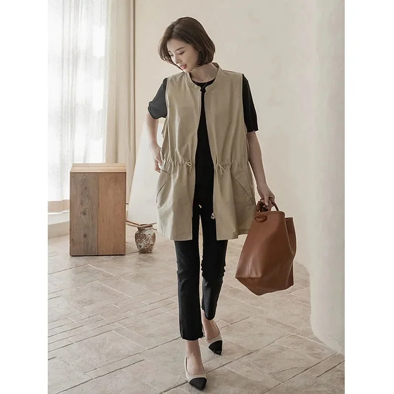 

with lining) Casual Windbreaker Vest Women's new Spring and Autumn Drawstring with Wild Temperament Windbreaker Loose Vest top