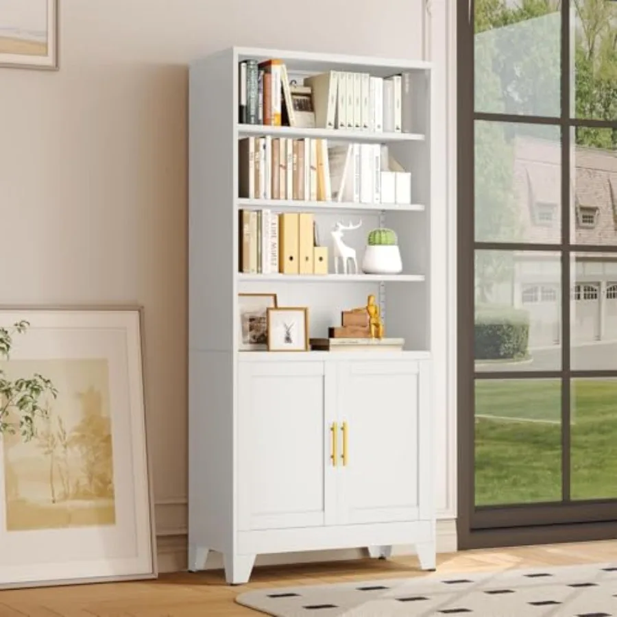

71 H Tall Metal Bookcases with 2 Doors and Adjustable Shelves Industrial 6-Tier Open Display Shelf in Black Space-Saving Storag