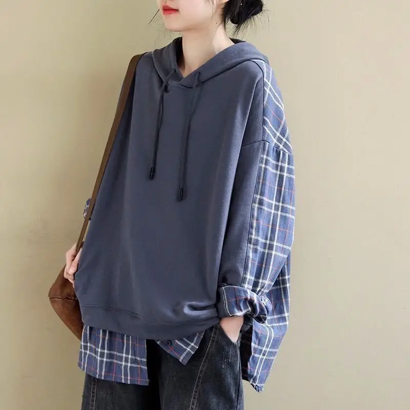 Loose Artistic Hooded Sweatshirt for Women New Style Spliced Plaid Versatile Casual Hooded Top