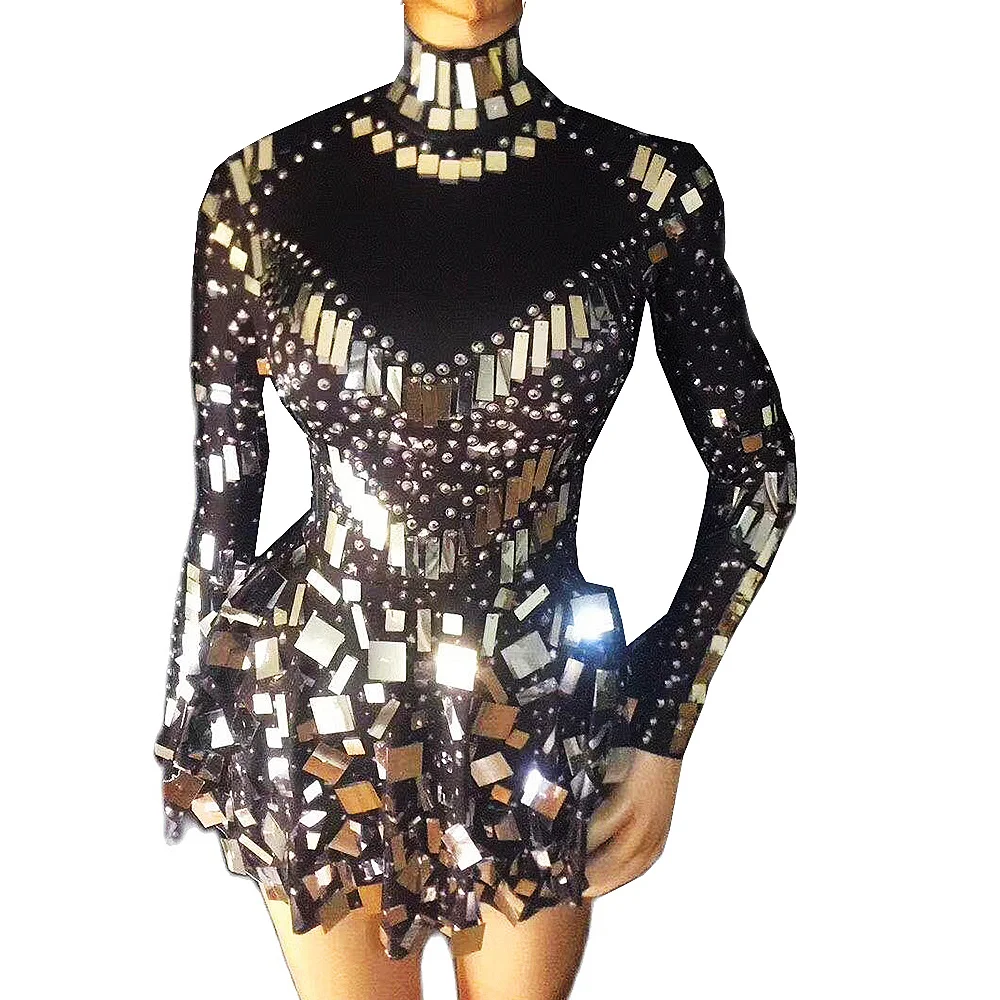 Abito da donna a maniche lunghe con strass brillanti con paillettes Nightclub DS Singer Show Stage Wear costumi di danza Jazz Mini abito di moda