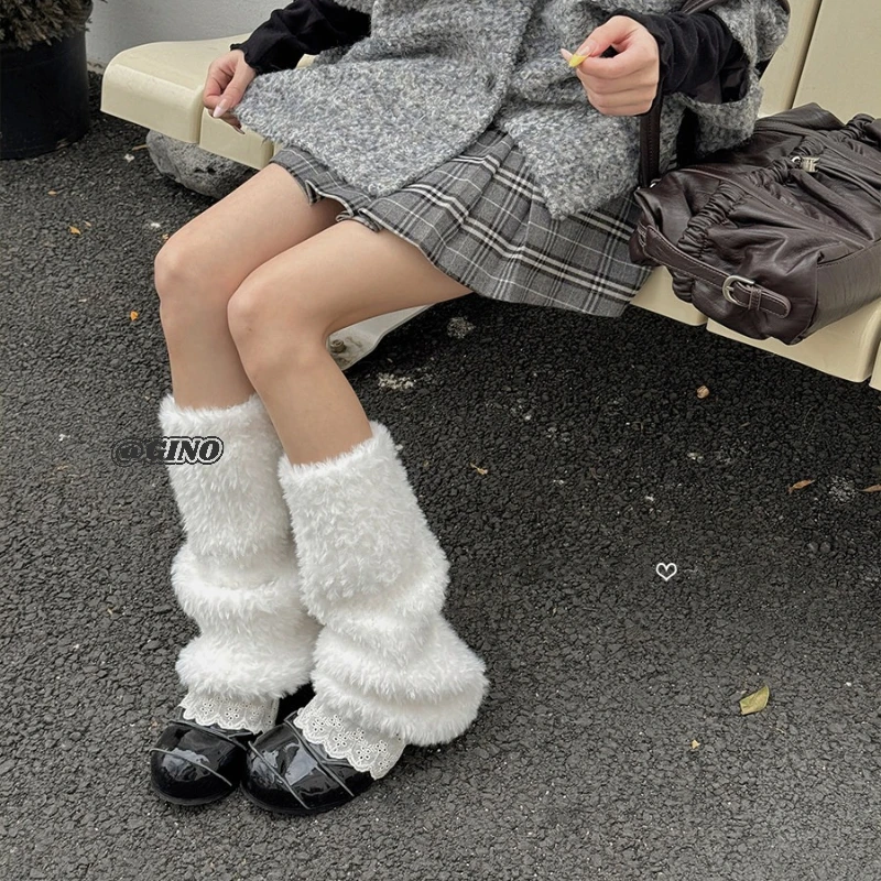 

White Plush Cute Korean Socksleeve Knitted Warm Thickened Plush Spicy Girl Stacking Socksleeve Sweet Girl Trend Leggings